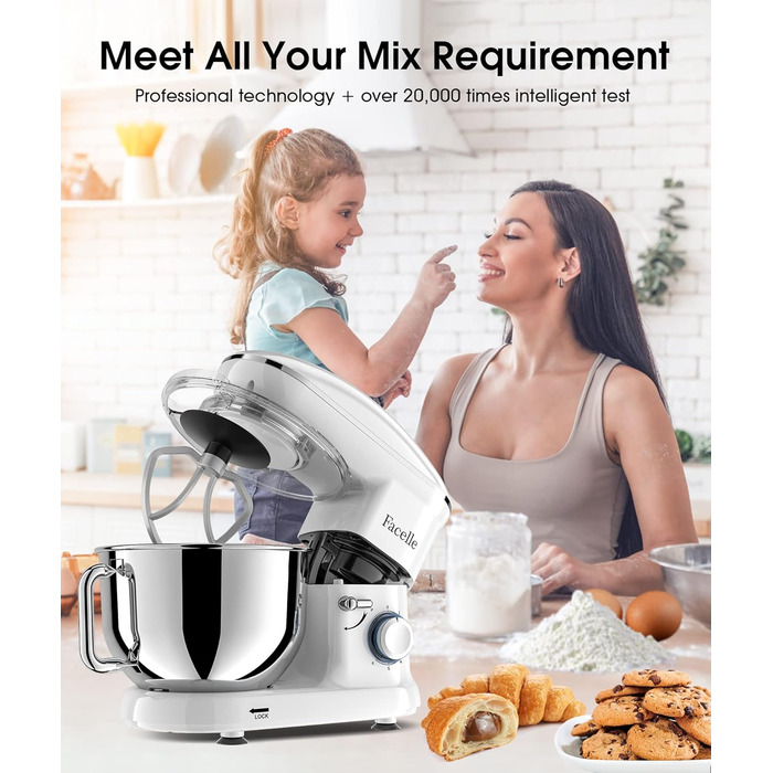 Кухонна машина Facelle 1500W з нержавіючою чашею 6.2 л, 6 швидкостей, міксер для тіста, планетарний міксер
