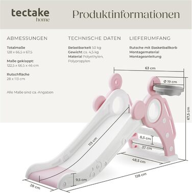 Дитяча гірка Tectake® з баскетбольним кільцем, рожева. Розкладна гірка для дітей від 2 років. Ігровий комплекс для активних ігор в приміщенні та на вулиці.