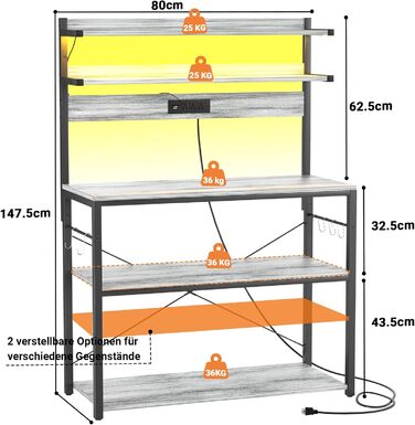 Кухонна полиця-стійка з розеткою, підставка для мікрохвильовки, 5-рівнева кавова станція з LED-підсвіткою, полиця для спецій, каструль та сковороди (80см, Білий дуб)