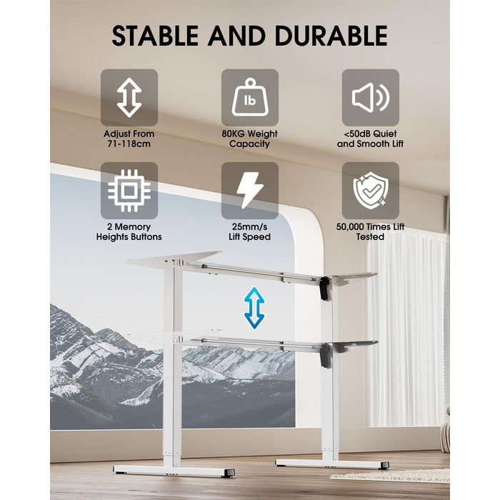 Електричний стіл з регулюванням висоти та кабельною ванною, з потужним мотором, контролером пам'яті та функцією захисту від зіткнень (білий)