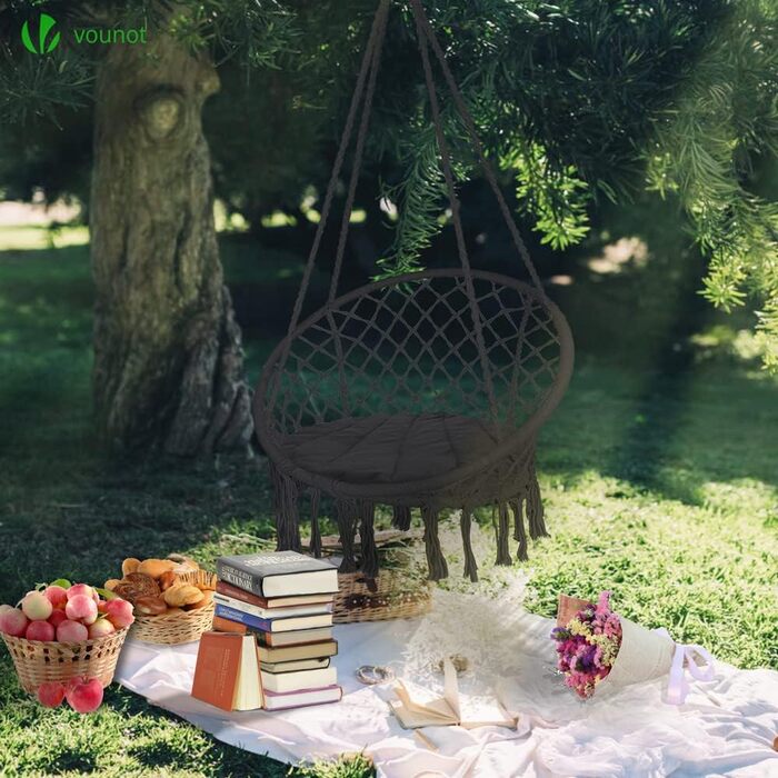 Підвісне крісло-гойдалка VOUNOT з полицею для книг та подушкою, Ø 80 см, чорний колір, для дому та саду