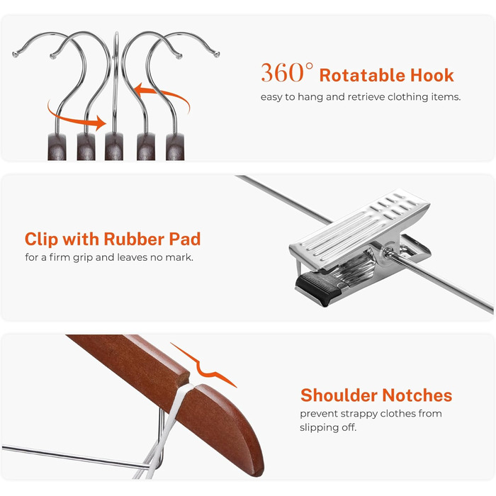 Дерев'яні вішалки для одягу HOUSE DAY з кліпсами (24 шт.) - для костюмів, суконь, пальто, сорочок, штанів. З горіхового дерева, міцні, преміум-якість