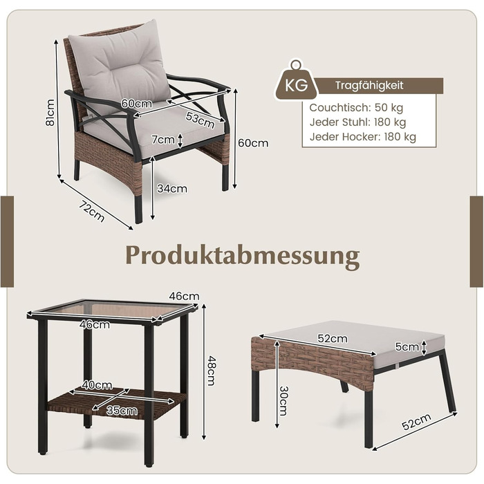 Садовий набір меблів COSTWAY з ротангу, 5 предметів: 2 крісла з подушками, пуф та стіл. Меблі для балкона, тераси, саду, коричнево-сірий колір