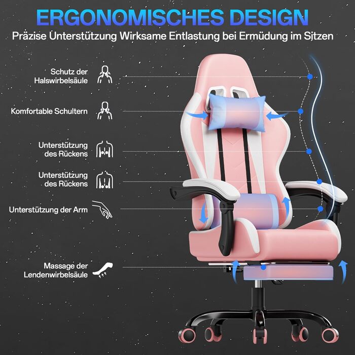 Ігровий крісло JUMMICO з масажем, ергономічний офісний стілець з підголовником, регульована спинка 90-135°, підставка для ніг, витримує до 150 кг (Рожевий, Компактний)