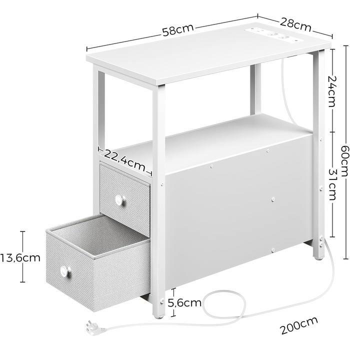 Журнальний столик Rolanstar з подовжувачем, 2 ящики, дерево, 58x28x60 см, білий