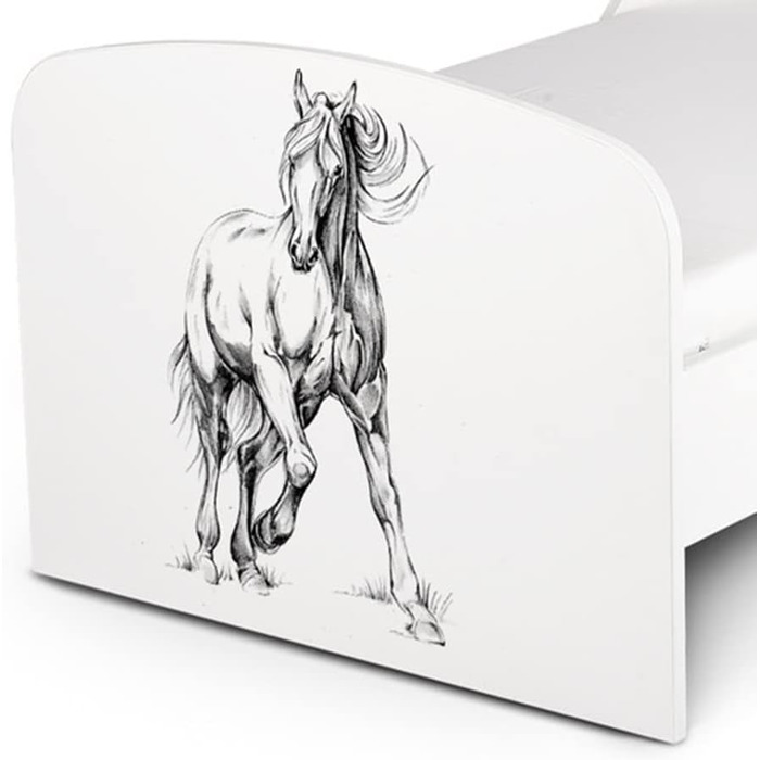 Дерев'яне ліжко Leomark з функціональністю - дитяче ліжко з матрацом, бортиками та ламелями, розмір спального місця 70/140 см, принт UV (Мій кінь)