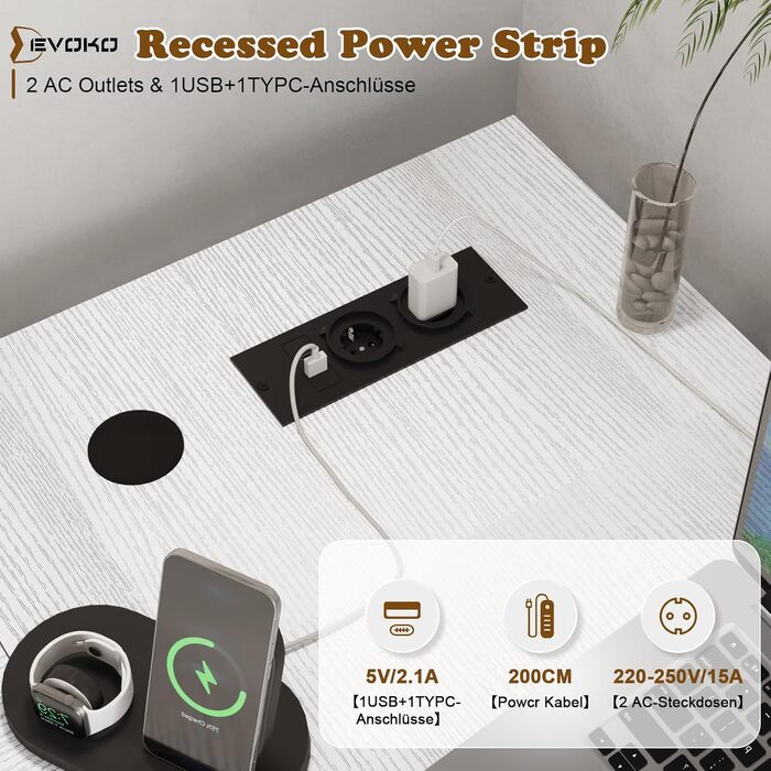 Комп'ютерний стіл L-подібний Devoko з 4 ящиками з тканини, 2 розетками та 2 USB-портами, для дому та офісу, ігор, білий, 140x80 см