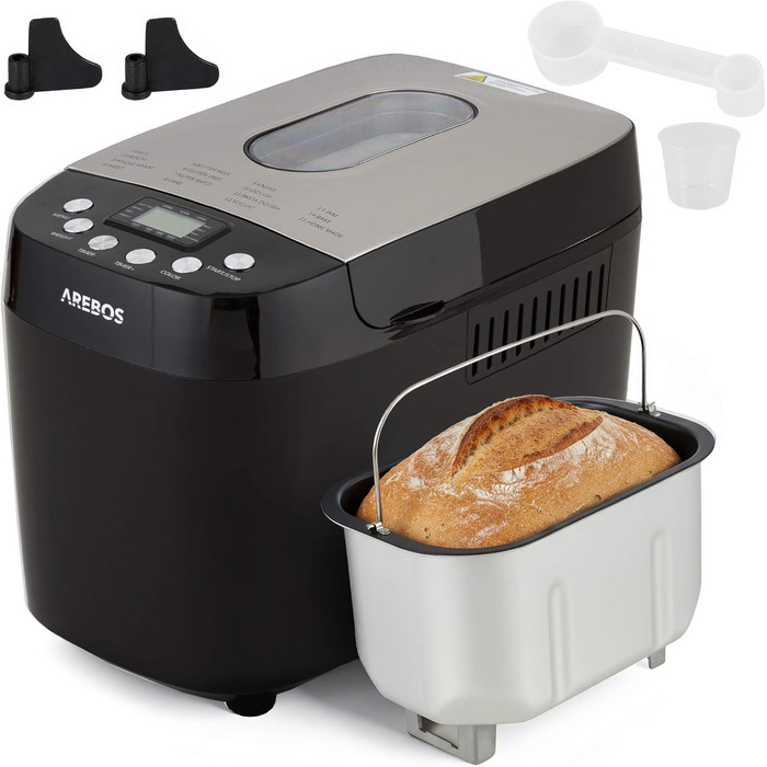 Хлібопечка Arebos 1500г | 15 програм | Таймер | LCD дисплей | 850 Вт | Чорний