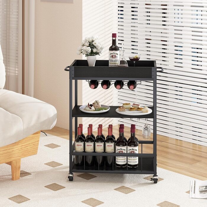 Сервізний візок Huhote з полицею для вина, барний візок, візок для напоїв, візок на колесах, візок для вина в їдальню, кухню, вітальню, бар, на вечірку, з імітацією текстури дерева (чорний, безіржавний кошик)