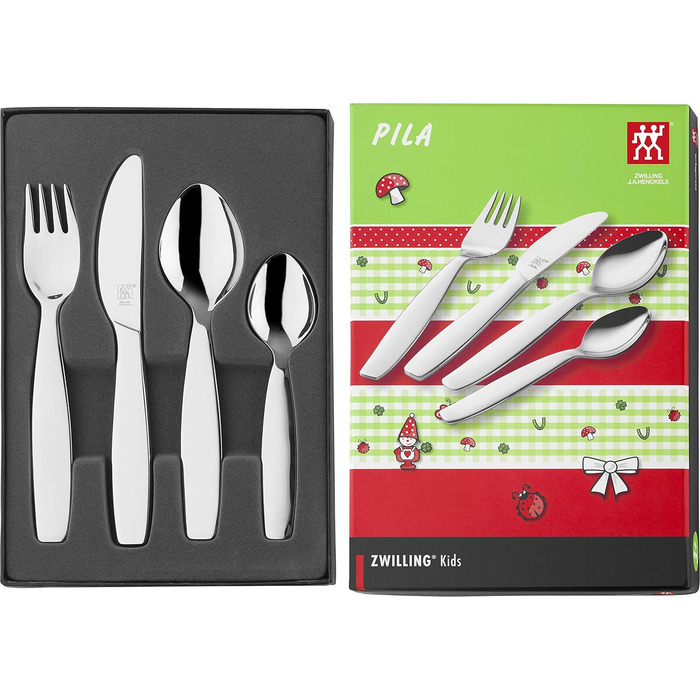 Набір дитячого посуду ZWILLING Jungle Kinderbesteck-Set, 4 шт., з яскравими джунглівськими мотивами, для дітей від 3 років, нержавіюча сталь 18/10, сріблястий