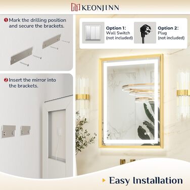 Дзеркало для ванної кімнати Keonjinn з підсвічуванням, 50x70 см, золотий металевий каркас, LED, сенсорне управління, 3 кольори світла, диммування, без запотівання, пам'ять налаштувань