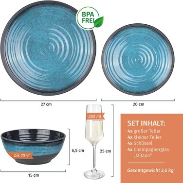 Набір посуду для кемпінгу Stone Design на 4 особи (12 предметів) | Меламін, миється в посудомийній машині | Набір для пікніка | Посуд для кемпінгу