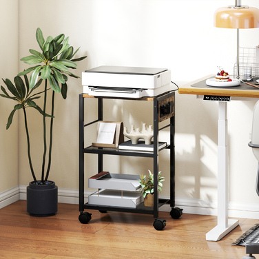 Підставка для принтера з полицею та колесами, з розетками, USB та USB-C портами, до 40 кг, у стилі рустикального коричневого