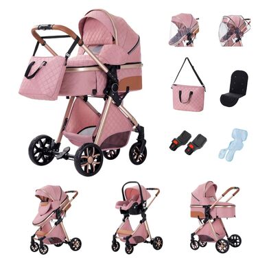 Дитяча коляска Glokid 3 в 1, комбінована коляска з подорожним системним набором, москітна сітка, дощовик, футм'юк, складна, положення для лежання, висока шасі (LV9 Рожевий)