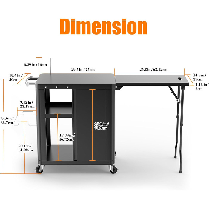 Гриль-возна Гриль-стіл з відкидним столиком, вулична кухня з гачками, полицею та шафкою, сервізний візок на колесах, чорний (143×37×89 см)