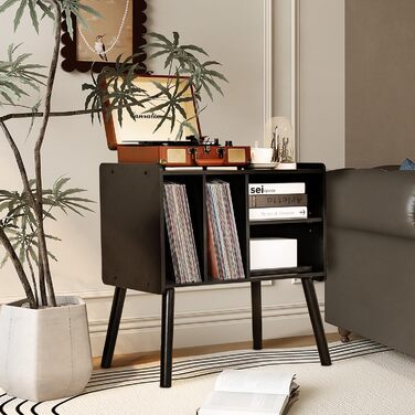 Стіл для програвача вінілу, стійка для програвача середини століття з місцем для зберігання до 150+ платівок, шафа для платівок з регульованими полицями, чорний