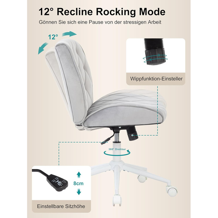 Крісло для дому та офісу Symino з регульованою висотою, функцією гойдання 12°, обшите штучною замшею, до 150 кг, сірий колір