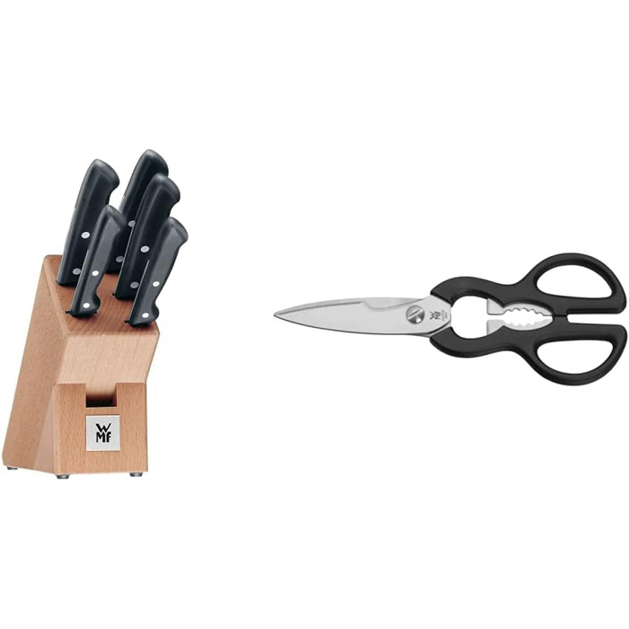 Набір ножів WMF Classic Line з бруском та кухонними ножами (6 шт.) та кухонними ножицями 21 см, ножиці для кухні з зубчастим лезом, ножиці для дому, нержавіюча сталь, пластикова ручка, універсальні ножиці з відкривачкою