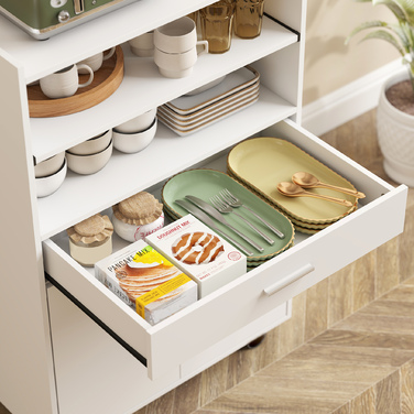 Мікрохвильова шафа-стелаж з двома дверцятами та висувними ящиками на колесах, білий