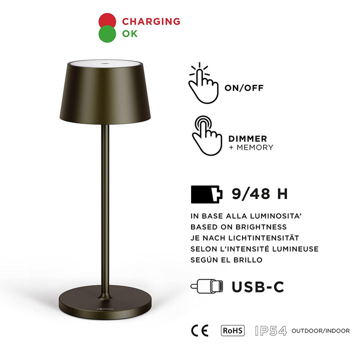Стильна LED-лампа Stilosa на акумуляторі, бездротова, диммувана, з сенсорним керуванням, USB-C, для дому та вулиці, кругла основа (30 см), колір: тропічне чорне
