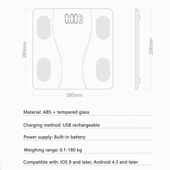 Ваги ваги тіла, цифрові ваги для ванни, акумуляторні USB, розумні ваги жиру в організмі, Wi-Fi/Bluetooth, чорний
