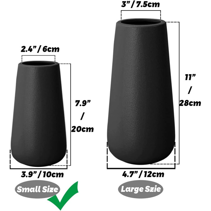 Ваза Біла вази для квітів Сучасні керамічні для прикраси столу в приміщенні, декоративні вази для пампасної трави (висотою 20 см, чорний матовий)