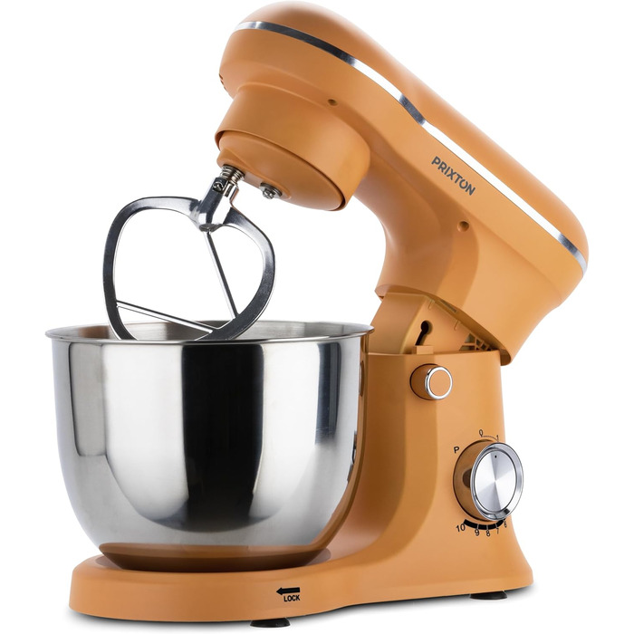 Міксер Prixton KR250 для випічки, 1500 Вт, 10 швидкостей, чаша 5 л з нержавіючої сталі, 3 насадки, прозорий ковпак (Оранжевий)