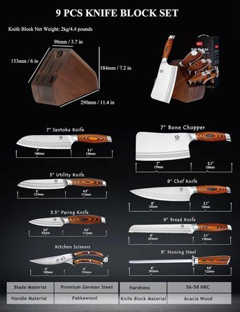 Набір ножів Wildmok 7-кількісний з блоком, з німецької сталі, з ручками з пакавуду