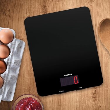 Цифрові кухонні ваги Salter 1160 BKDR - електронні харчові ваги місткістю 10 кг, ваги для випічки з функцією тарування, вимірювання рідини, великий РК-дисплей, тонка скляна платформа, чорний (5 кг)