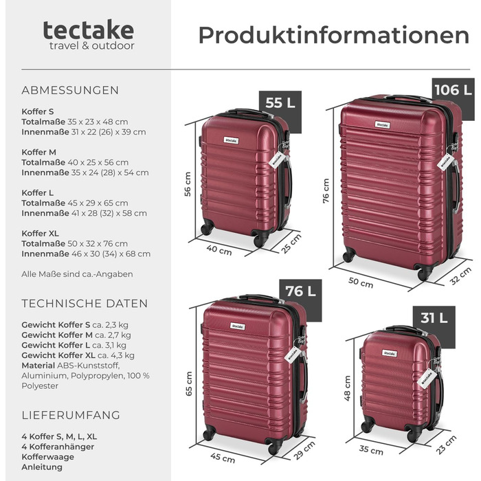 Набір валіз Tectake 4шт з ABS пластику, S-M-L-XL, з роликами, телескопічним ручками та замками, з ваговою шалькою та аксесуарами для валіз (Вишневий)