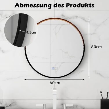 Дзеркало для ванної кімнати RELAX4LIFE круглої форми з підсвічуванням, 60 см, з сенсорним вимикачем та функцією пам'яті, LED, антизапар, 3 кольори світла, регулювання яскравості, енергозберігаюче