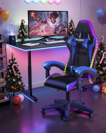 Ігровий крісло Bigzzia з LED підсвічуванням - ергономічне крісло для ПК з підголівником, RGB, чорно-синій колір, для підлітків та дорослих