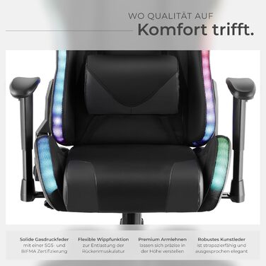 Ігровий крісло Tectake з масажем та LED-підсвіткою, чорний колір. Ергономічний офісний стіл для ігор, крісло для робочого кабінету.