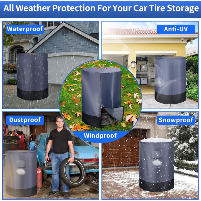 Чохол для коліс автомобіля, великий, міцний, 420D, універсальний, для 4 коліс, з блискавкою, вологостійкий, з світловідбиваючими смугами (Ø 84cm x H 120cm), сірий & чорний
