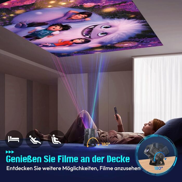 Портативний проєктор Xgody Gimbal 3: 12000 Люмен, Android 11.0, WiFi 6, Bluetooth, 720P HD (підтримка 4K), Автоматичне вирівнювання зображення, для домашнього кінотеатру (білий/чорний)