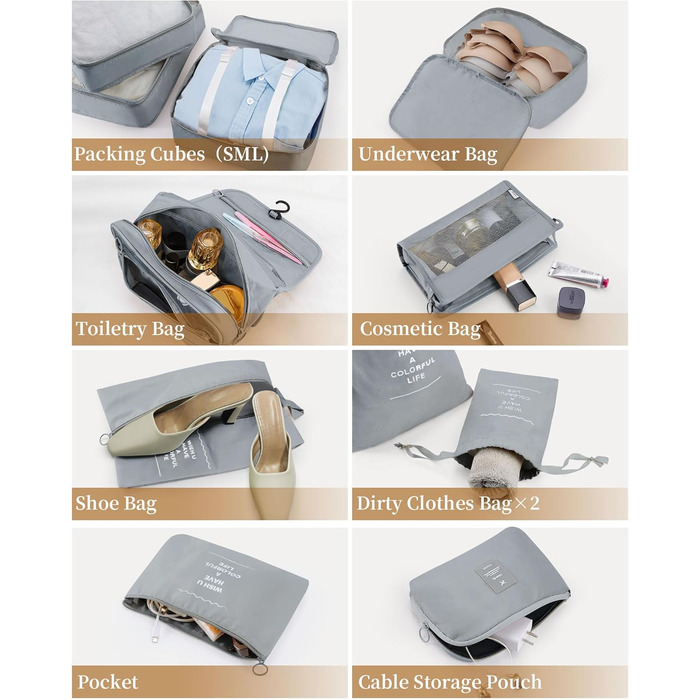 Набір органайзерів для подорожей Anjing (10 предметів), водонепроникні пакувальні куби для валізи, компактний набір для зберігання речей, темно-синій