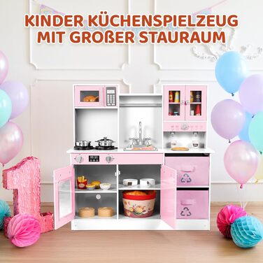 Дерев'яна дитяча кухня MAMIZO з підсвічуванням та звуком, іграшкова кухня для дітей, 90x30x90 см, з аксесуарами та 2 ящиками, іграшка для дітей від 3 років (Рожева)