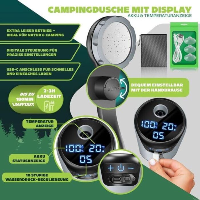 Соняшна душова кабіна KESSER® з насосом та акумулятором 8000mAh | Комплект для кемпінгу з регульованим душем, 2м шлангом, пістолетом-розпилювачем та кріпленням. Без бака. Срібно-чорний колір