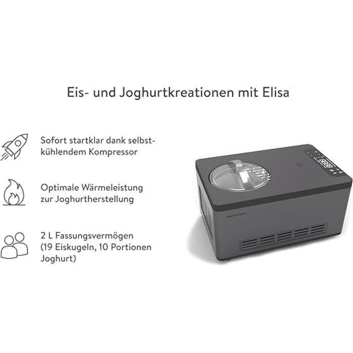 Морозивниця та йогуртниця SPRINGLANE Elisa 2,0 л з самостійним охолодженням, компресор 220 Вт, нержавіюча сталь, функції охолодження і нагріву, з рецептами, колір антрацит, 4 міні-контейнери по 400 мл (м'ятний)