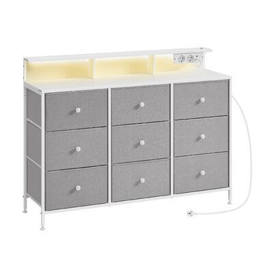 SONGMICS Комод з 9 висувними ящиками та LED-підсвічуванням, з розеткою, сталевий каркас, 33,5 x 114 x 84 см, для спальні/вітальні (Таунгrau)