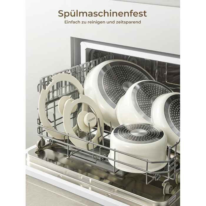 Набір посуду FOHERE 8 предметів: каструлі та сковороди з 2 знімними ручками, сковорода 20/28 см, каструлі 2.6/1.4 л, підходить для всіх плит (індукція), безпечний у духовці та посудомийній машині, бежевий