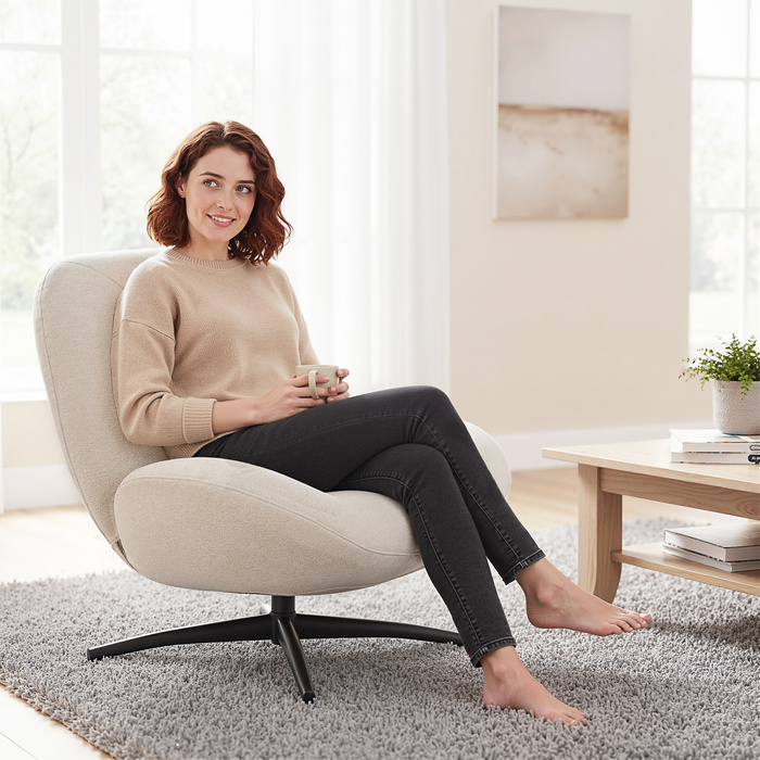 Обертовий м'який стілець, акцентний стілець з наповнювачем з ПП-бавовни, тканинне покриття, сталеве підстав'я, кремово-білий