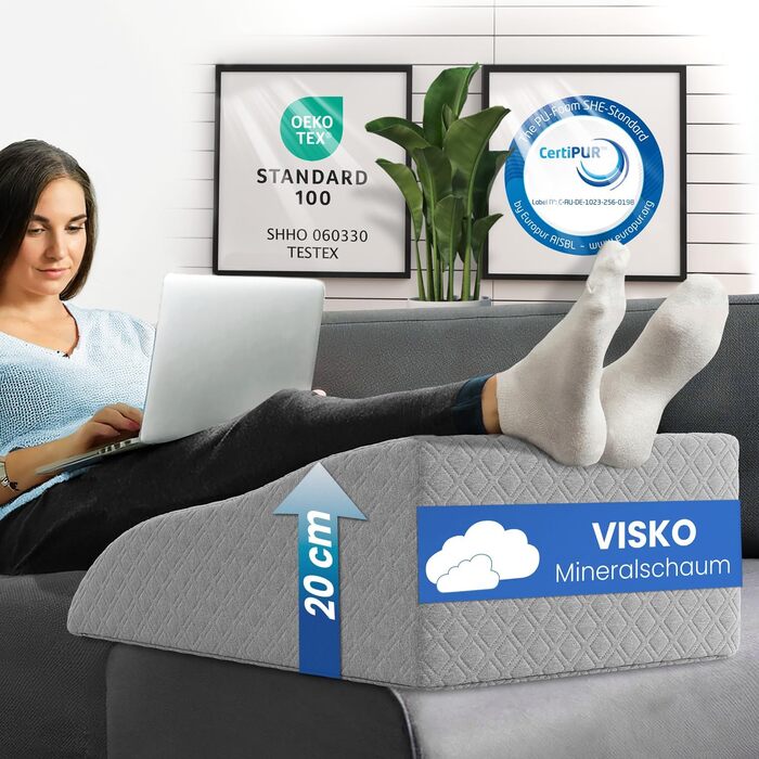 Подушка для підйому ніг ELONEO з піною Memory Foam, для полегшення навантаження, знімний чохол, 68x40x16 см, (Medium, Сірий)