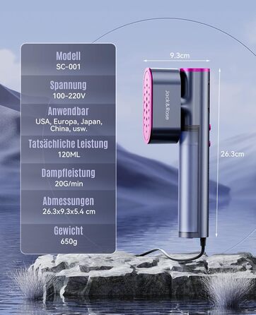 Парoгенератор для одягу Jack & Rose, 110-240V, 1000W, портативний, 2-в-1, для подорожей, сірий