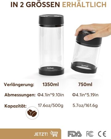 OUTPEAK Neo 2025 Kilo Auto-Vakuum-Kaffeedose: Герметичний контейнер для кави на 1,5 л (500 г) з автоматичним вакуумом, нержавіюча сталь, для бариста, подарунок (великий, матовий чорний) (G750)