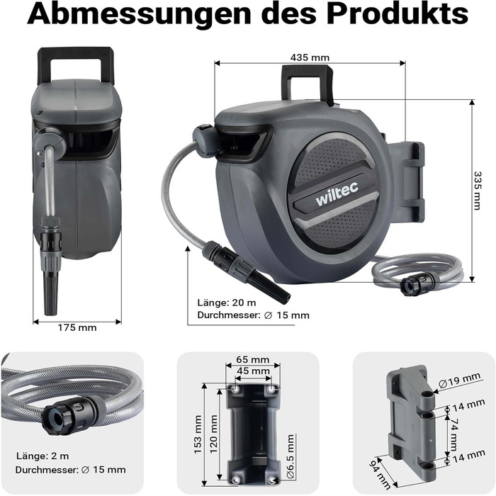 XPOtool Шланг-катушка настінна з автозмотуванням та водяним шлангом для поливу саду (20м)