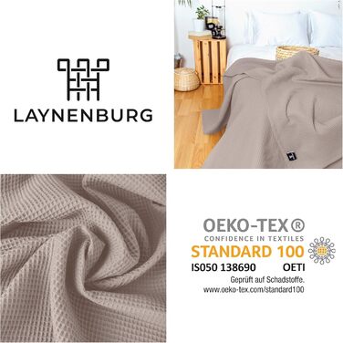 Плед LAYNENBURG Premium 180x220 см, вафельна тканина, 100% бавовна, бежевий колір. Плед для ліжка, дивана, софи.