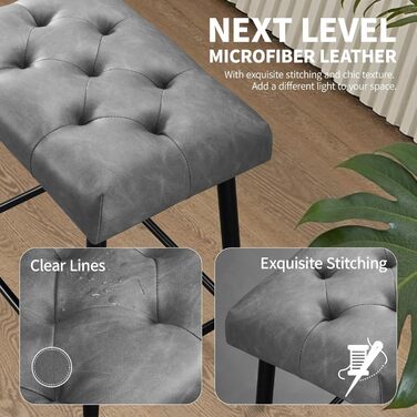 Набір з 2 барних стільців з мікрофібри, сірого кольору, з підніжкою, 62.5 см, без спинки для кухні, бістро, їдальні