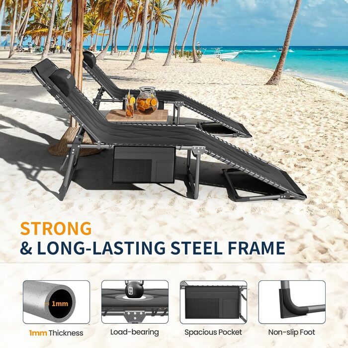 Розкладне ліжко для кемпінгу UDPATIO: зручне ліжко для відпочинку на природі, регульована спинка, з матрацом, чорний колір