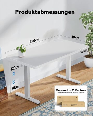 Електричний стіл HUANUO, 120x80 см, білий: регулювання висоти, безщітковий мотор, ергономічний дизайн для дому та офісу
